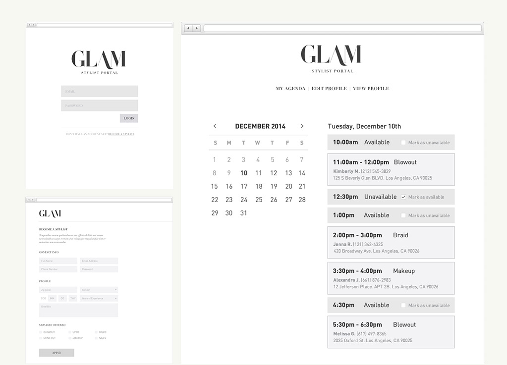 Wireframes of the Glam stylist portal (web)