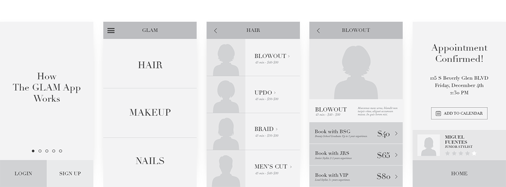 Wireframe UX of glam app screens.